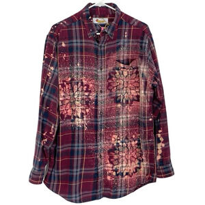 Handmade Boho Flannel Shirt Floral Stencil Bleached Plaid Womens Large XL Red
